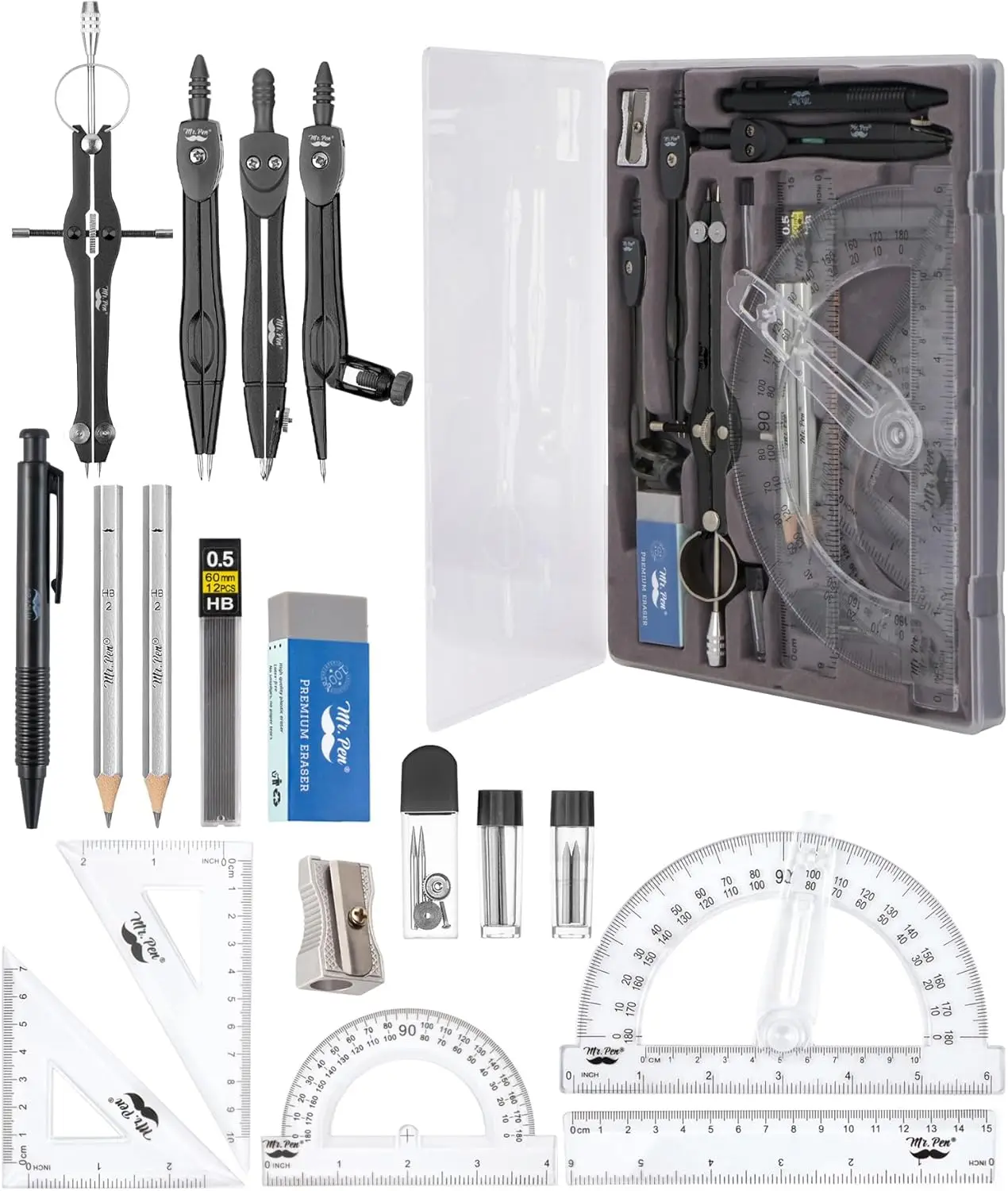 Geometry Set 15 Pcs: 6" Swing Arm Protractor, Divider, Set Squares, Ruler, Compasses, Black
Geometry Set 15 Pcs: 6" Swing Arm Protractor, Divider, Set Squares, Ruler, Compasses, Black