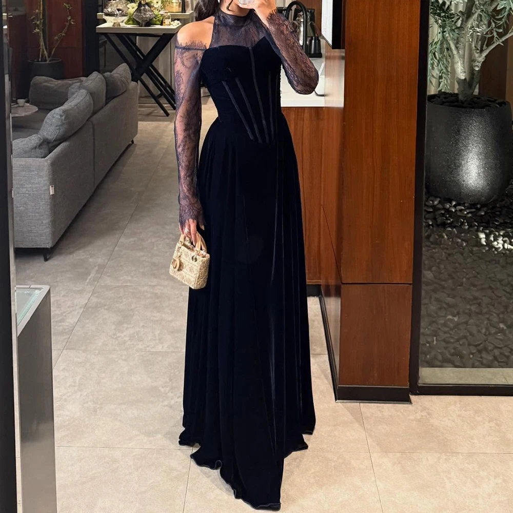 Customized A-line Evening Dresses Floor-length High-neck Full Sleeve Prom Gown Fashion Lace Simple Draped Casual Party Gown
Customized A-line Evening Dresses Floor-length High-neck Full Sleeve Prom Gown Fashion Lace Simple Draped Casual Party Gown