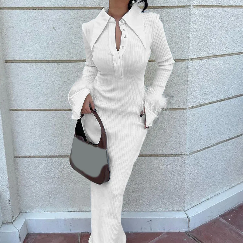 Elegant Solid Slim Dress For Women Commuting Lapel Button Feather Long Sleeve Package Hip Long Skirt Fashion Banquet Dresses
Elegant Solid Slim Dress For Women Commuting Lapel Button Feather Long Sleeve Package Hip Long Skirt Fashion Banquet Dresses