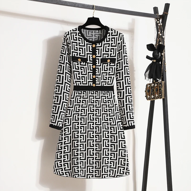Autumn Winter Tunics Women Clothing Knitted Dresses Office Lady Geometry Printed Elegant Fashion Vintage Dress
Autumn Winter Tunics Women Clothing Knitted Dresses Office Lady Geometry Printed Elegant Fashion Vintage Dress