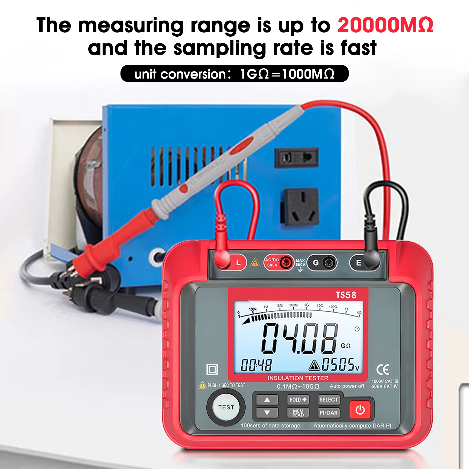 1000V Insulation Resistance Tester TS58 200GΩ Megohmmeter DAR PI with 100 Data Storage for Motor Cable Transformer
1000V Insulation Resistance Tester TS58 200GΩ Megohmmeter DAR PI with 100 Data Storage for Motor Cable Transformer
