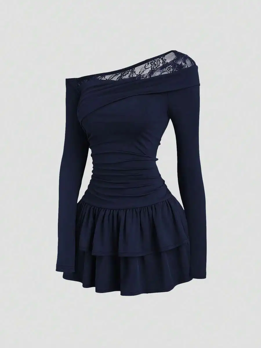 Elegant Off Shoulder Lace Patchwork Ruched Waist Ruffle Hem Mini Dress For Women
Elegant Off Shoulder Lace Patchwork Ruched Waist Ruffle Hem Mini Dress For Women