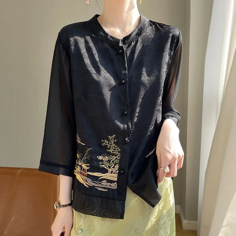 New Chinese Style Embroidered Acetate Satin Summer Shirt Sleeveless Elegant Top Women's Fashion Commute Style Long Sleeve
New Chinese Style Embroidered Acetate Satin Summer Shirt Sleeveless Elegant Top Women's Fashion Commute Style Long Sleeve