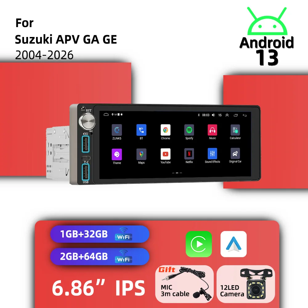 Автомагнитола Android с экраном 6,86 дюйма, беспроводным CarPlay, 1 DIN, для Suzuki APV GA GE 2004-2026, радио, GPS-навигация
Автомагнитола Android с экраном 6,86 дюйма, беспроводным CarPlay, 1 DIN, для Suzuki APV GA GE 2004-2026, радио, GPS-навигация