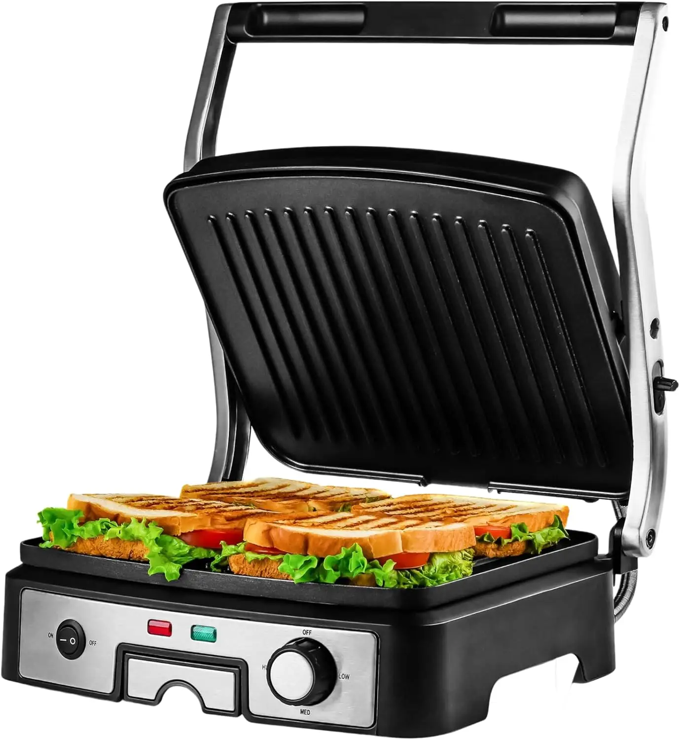1500W adjustable temp panini grill, full 180° open nonstick plates, removable drip tray
1500W adjustable temp panini grill, full 180° open nonstick plates, removable drip tray
