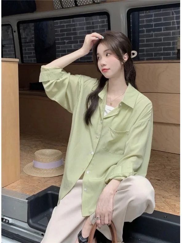 Loose Long Sleeve Women's Shirt Spring Summer Thin Sun Protection Open Cardigan Outerwear Korean Style Green Casual Neck
Loose Long Sleeve Women's Shirt Spring Summer Thin Sun Protection Open Cardigan Outerwear Korean Style Green Casual Neck
