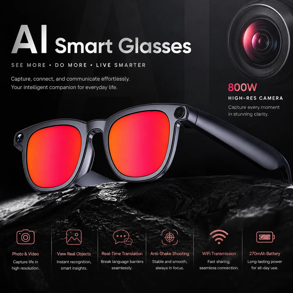 AI Translation Office Assistant 2026 New Smart Glasses Wireless Call Music 800W HD Camera Video Photo Recording Eyewear
AI Translation Office Assistant 2026 New Smart Glasses Wireless Call Music 800W HD Camera Video Photo Recording Eyewear