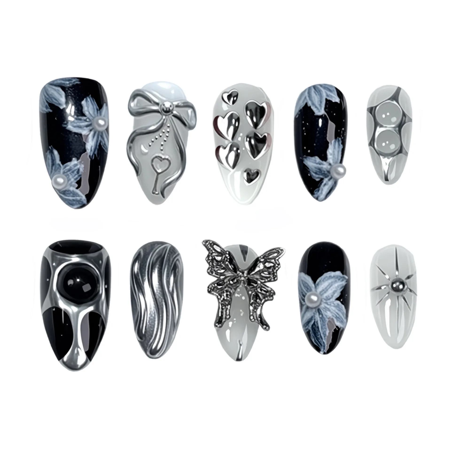 24PCS 3D Butterfly Bow Pearl Press on Nails Black Silver Geometric Metal Almond Shape Fake Nails Edgy Luxury Cyber Punk Nail Art
24PCS 3D Butterfly Bow Pearl Press on Nails Black Silver Geometric Metal Almond Shape Fake Nails Edgy Luxury Cyber Punk Nail Art