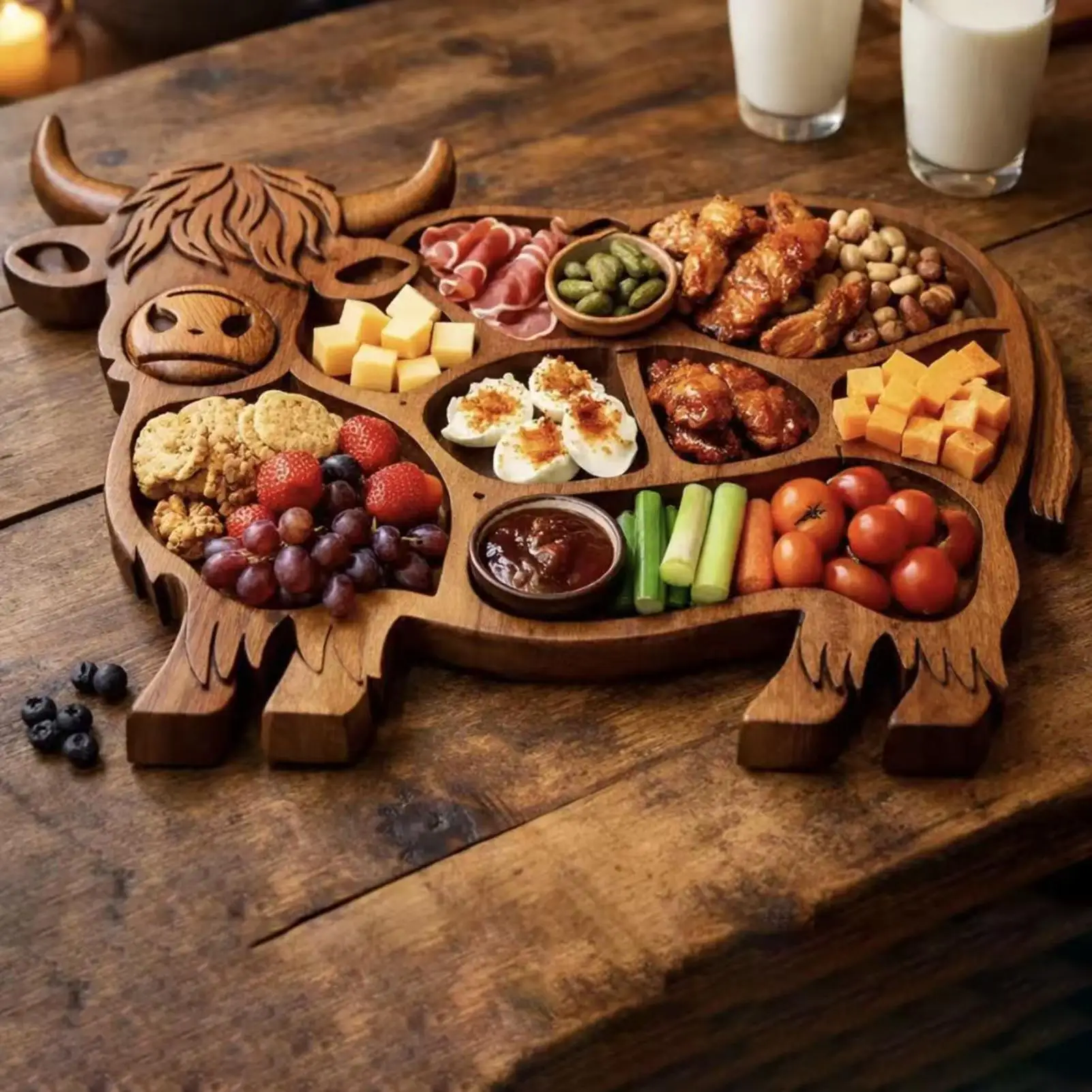 Highland Cow Charcuterie Board With Compartments Wooden Appetizer Board Serving Tray For Snack Fruit Meat Cheese Home Party
Highland Cow Charcuterie Board With Compartments Wooden Appetizer Board Serving Tray For Snack Fruit Meat Cheese Home Party