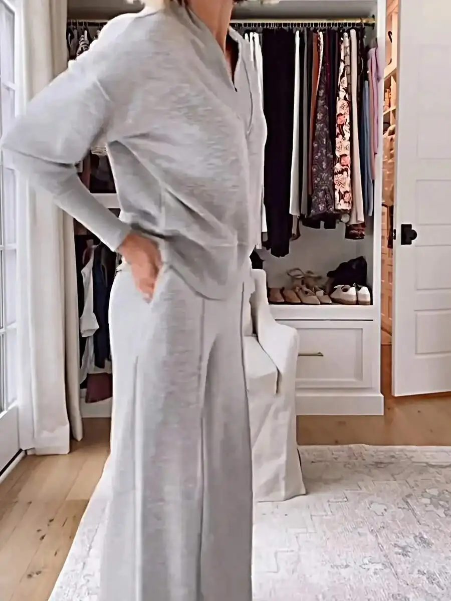 Grey V-Neck Wide-Leg Pants Set Loose Long Sleeve Blazer And Trousers Anti-Wrinkle Machine Washable Office Casual
Grey V-Neck Wide-Leg Pants Set Loose Long Sleeve Blazer And Trousers Anti-Wrinkle Machine Washable Office Casual