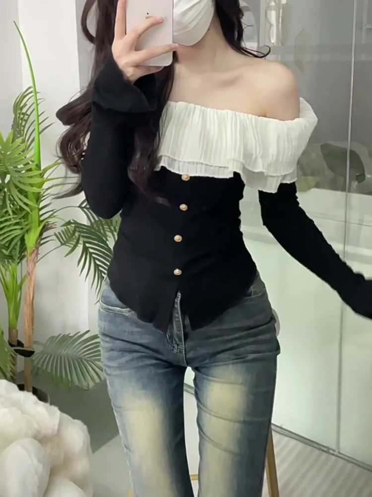 Slim Fit Long Sleeve Black One Shoulder Bell Sleeve Shirt Early Autumn Fashionable Gored Skirt Style Women's High-End Feeling
Slim Fit Long Sleeve Black One Shoulder Bell Sleeve Shirt Early Autumn Fashionable Gored Skirt Style Women's High-End Feeling