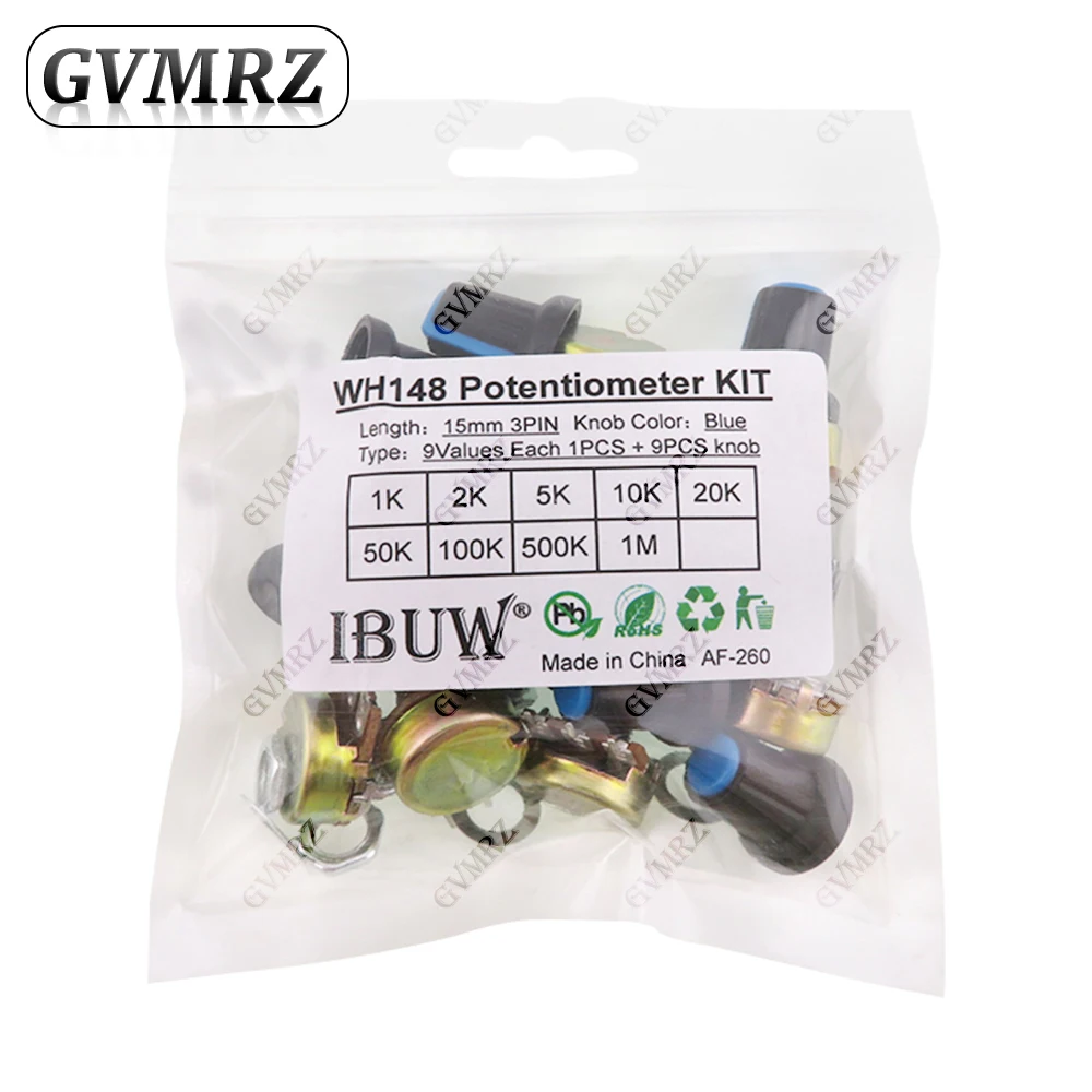 18PCS (9Knobs+9Values ) WH148 Potentiometer Kit (1K-1MΩ 15mm 3PIN) with Blue Knobs for Audio Equipment & DIY Circuit Adjustment
18PCS (9Knobs+9Values ) WH148 Potentiometer Kit (1K-1MΩ 15mm 3PIN) with Blue Knobs for Audio Equipment & DIY Circuit Adjustment