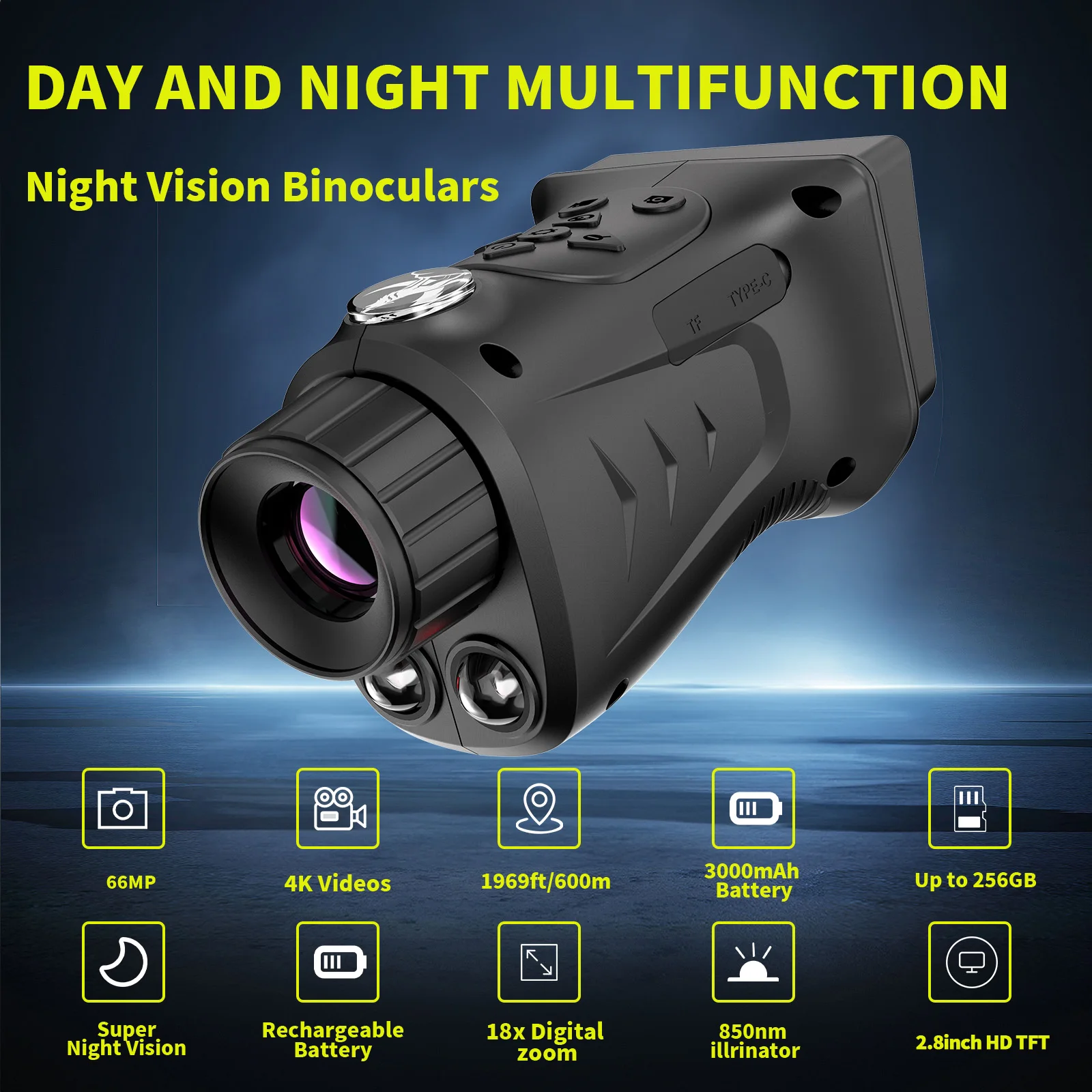 High definition monocular night vision telescope, equipped with 18x magnification, 3000mAh battery, suitable for various outdoor
High definition monocular night vision telescope, equipped with 18x magnification, 3000mAh battery, suitable for various outdoor