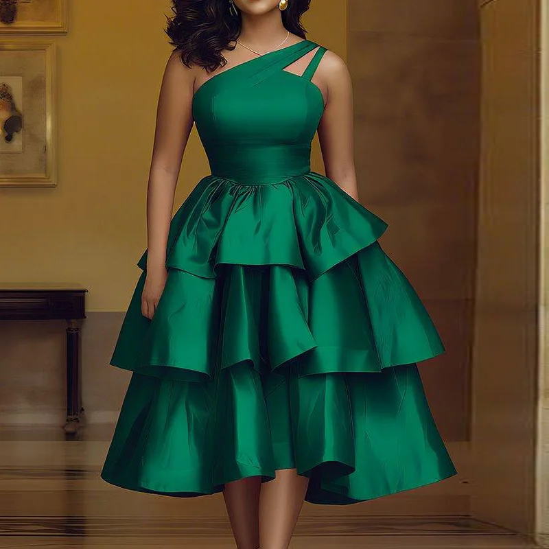 One-shoulder Hollowed-out Satin Dress With Ruffled Waist, Layered A-line Hem, And Tie-waist For Parties And Evening Events
One-shoulder Hollowed-out Satin Dress With Ruffled Waist, Layered A-line Hem, And Tie-waist For Parties And Evening Events