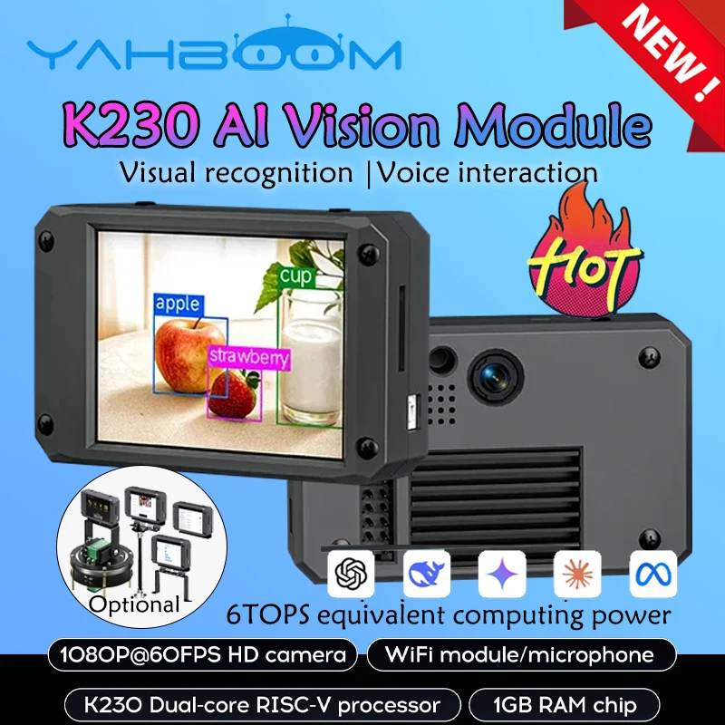 Yahboom K230 AI Vision Module For programmable robotics kit upgrade with 2MP Camera and 2.4-inch HD Touch Screen (Opional)
Yahboom K230 AI Vision Module For programmable robotics kit upgrade with 2MP Camera and 2.4-inch HD Touch Screen (Opional)