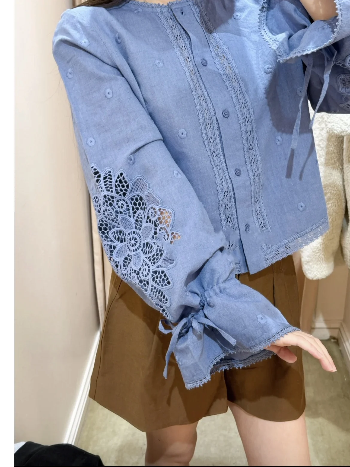 Elegant Blue Long Sleeve Cotton Linen Shirt Embroidered Hollow out Flower Design Women's Fashion Spring Summer Shirt
Elegant Blue Long Sleeve Cotton Linen Shirt Embroidered Hollow out Flower Design Women's Fashion Spring Summer Shirt