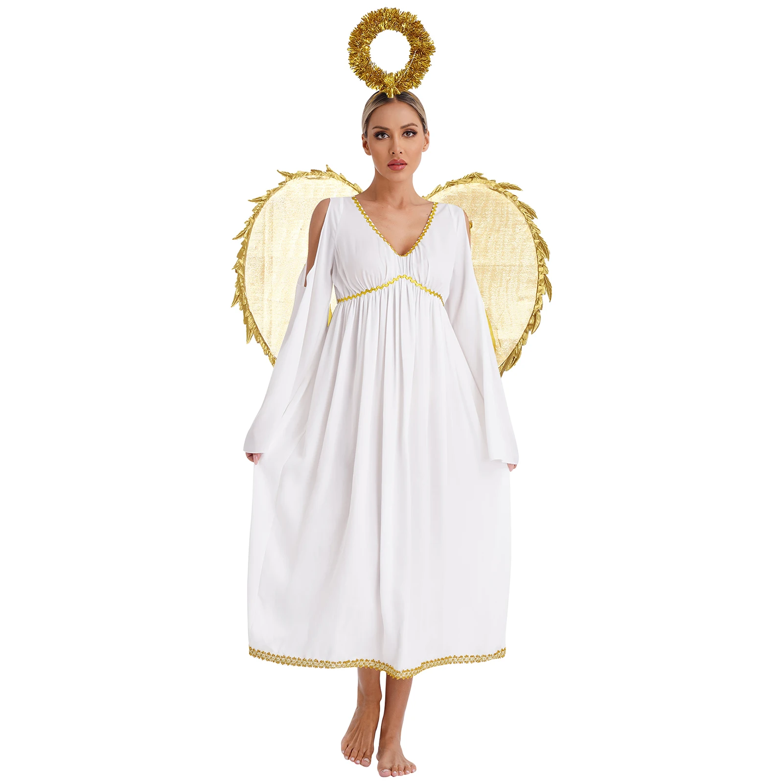 Women Angel Princess Purity Loose Dress Long Sleeve Golden Trimming Dress Costume with Metallic Wings And Hair Hoop Headband Set
Women Angel Princess Purity Loose Dress Long Sleeve Golden Trimming Dress Costume with Metallic Wings And Hair Hoop Headband Set