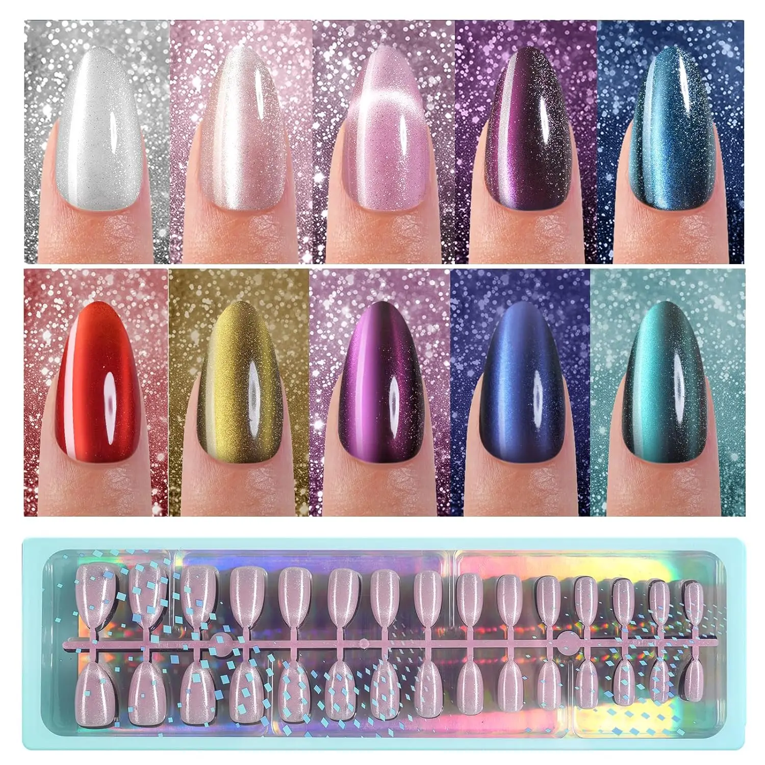 300Pcs Cat Eye Press on Nails, Glossy Glitter Design Nail Tips for Women, Medium Almond Soft Gel Fake Nails, Reusable in 15
300Pcs Cat Eye Press on Nails, Glossy Glitter Design Nail Tips for Women, Medium Almond Soft Gel Fake Nails, Reusable in 15