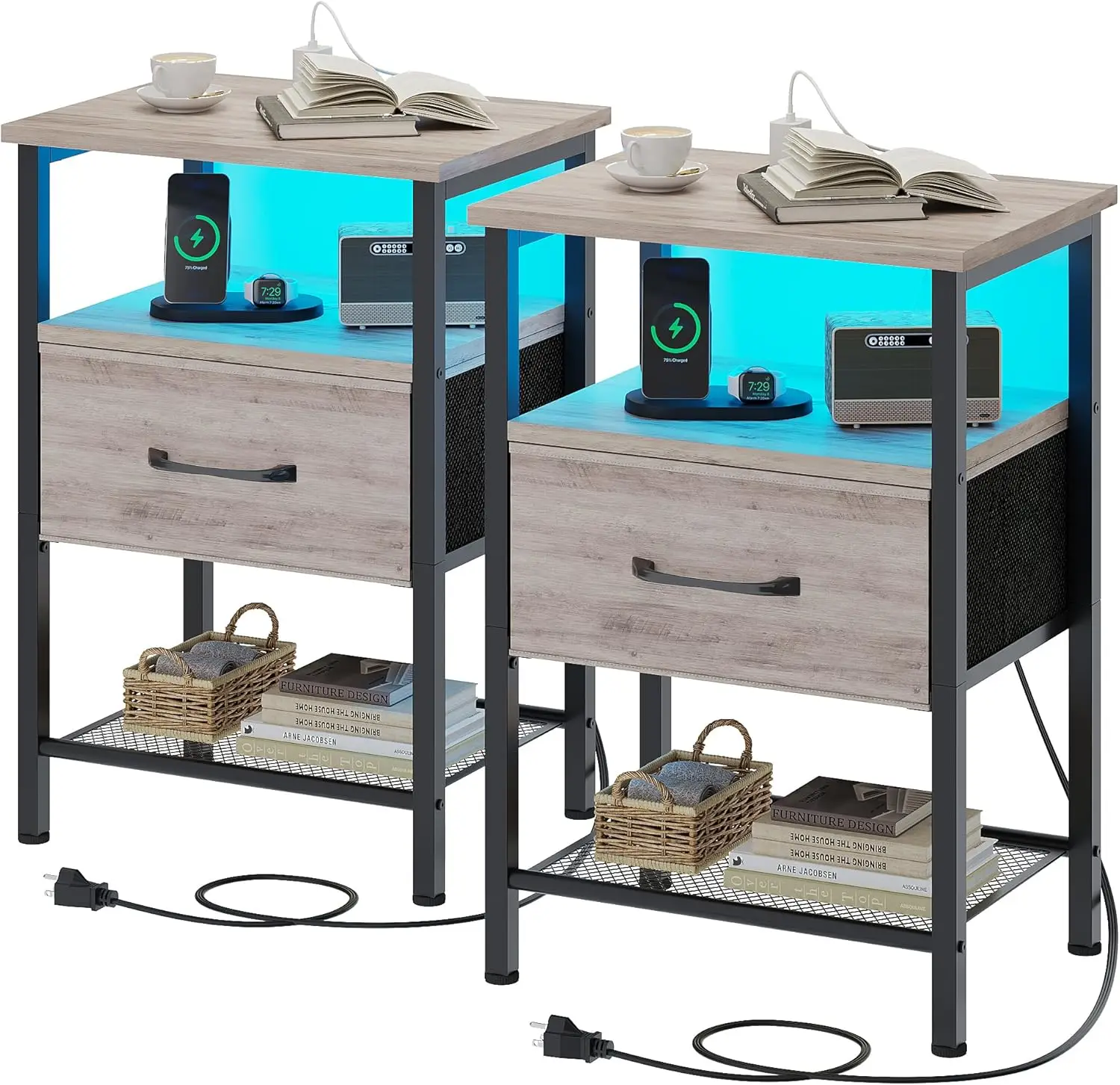 2-Piece LED Nightstand Set with Charging Station, 3-Tier Side Table with Fabric Drawer and Smart Lighting
2-Piece LED Nightstand Set with Charging Station, 3-Tier Side Table with Fabric Drawer and Smart Lighting