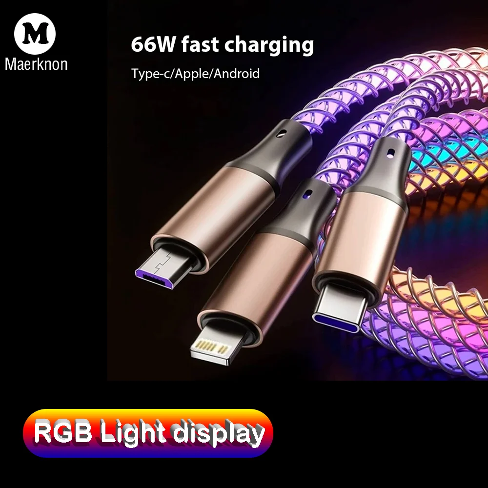 66W 1.2M 6A Mobile Phone Cable 3 In 1 RGB Light iPhone/Type-C/Micro Fast Charging Cable For iPhone 16 Huawei Xiaomi 15 Samsung
66W 1.2M 6A Mobile Phone Cable 3 In 1 RGB Light iPhone/Type-C/Micro Fast Charging Cable For iPhone 16 Huawei Xiaomi 15 Samsung