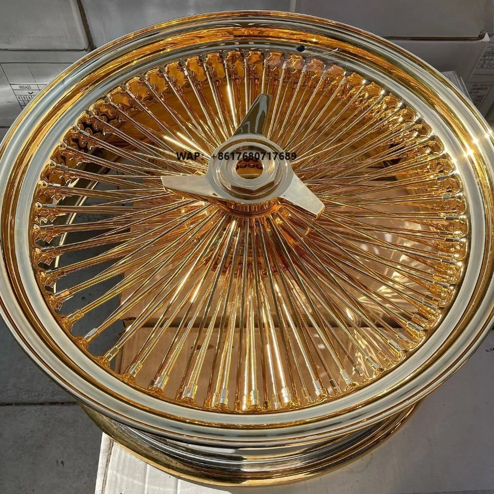 New 22x8 Steel All Gold 150-Spoke Wire Wheel Set with Reverse & Standard Style Knock off Rims for Classic Lowrider Cars
New 22x8 Steel All Gold 150-Spoke Wire Wheel Set with Reverse & Standard Style Knock off Rims for Classic Lowrider Cars