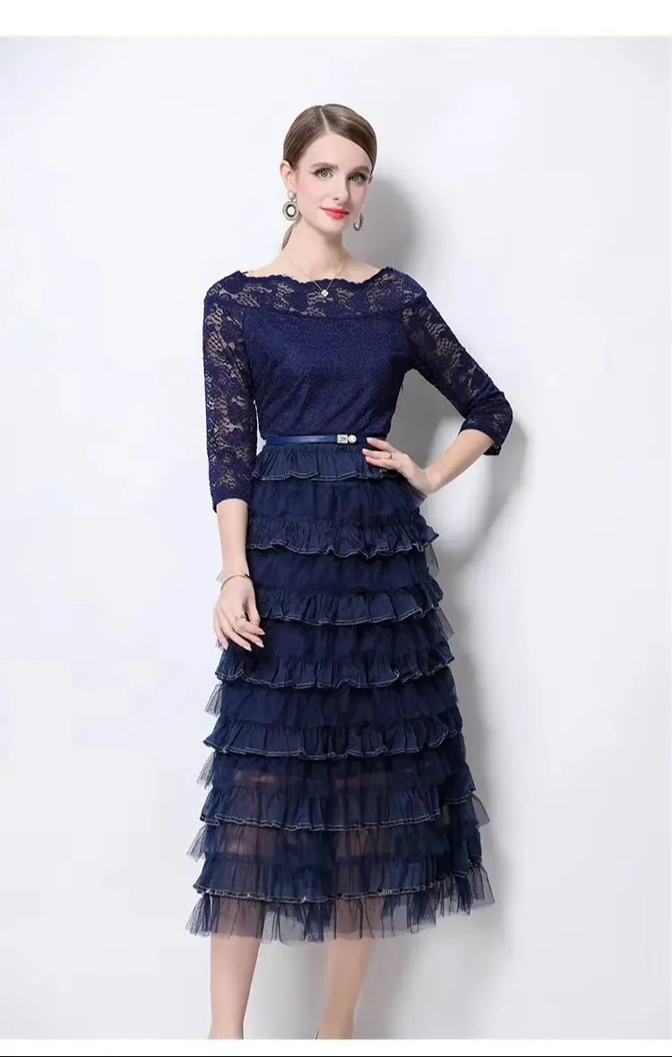 Women's Solid Patchwork Embroidery Long Dress Slash Neck Lace Hollow out Cascarding Ruffles Office Work Female Clothing
Women's Solid Patchwork Embroidery Long Dress Slash Neck Lace Hollow out Cascarding Ruffles Office Work Female Clothing