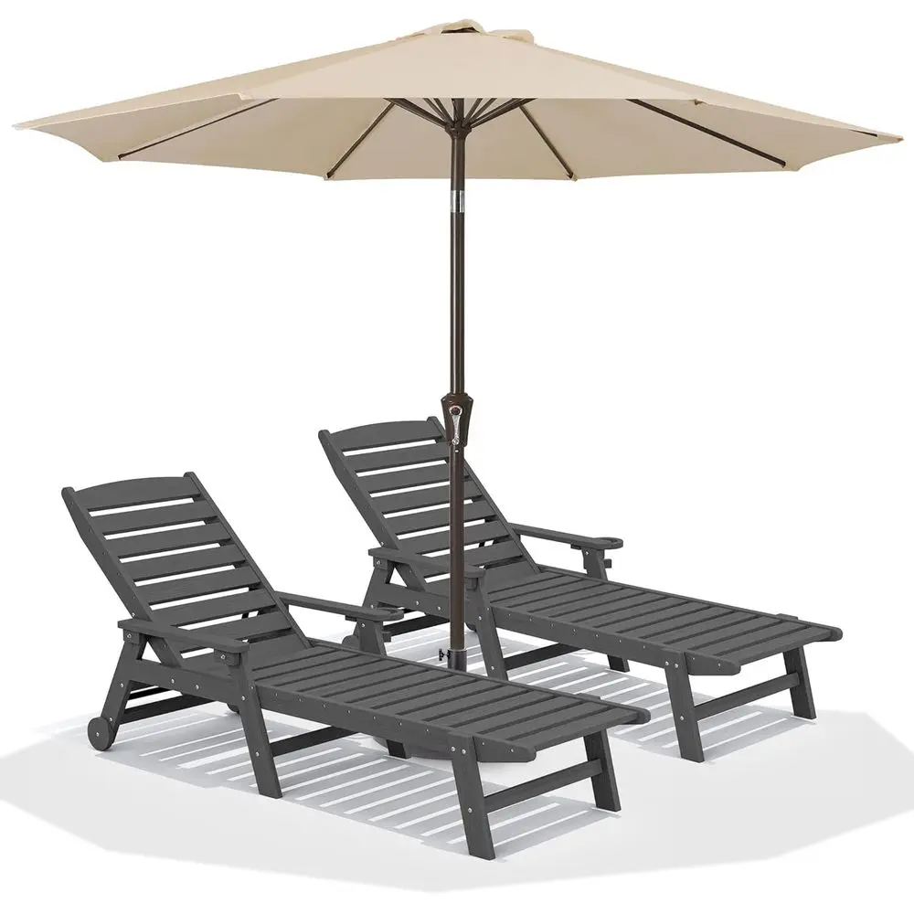 2-Piece Outdoor Chaise Lounge Set with 78 Patio Umbrella, HDPE Lounger, Rolling Wheels & Cup Holder, Gray
2-Piece Outdoor Chaise Lounge Set with 78 Patio Umbrella, HDPE Lounger, Rolling Wheels & Cup Holder, Gray