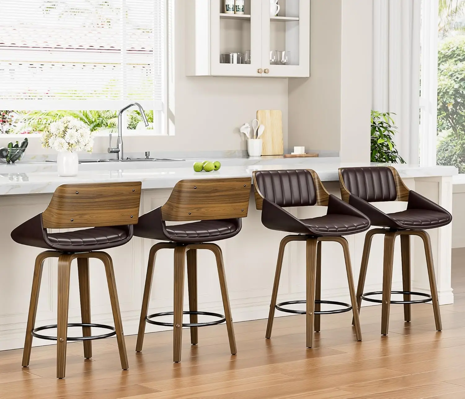 Bar Stools Set of 4, 26" Swivel Counter Height Barstools with Bentwood Back and Legs, Mid Century Modern Upholstered, Custom
Bar Stools Set of 4, 26" Swivel Counter Height Barstools with Bentwood Back and Legs, Mid Century Modern Upholstered, Custom