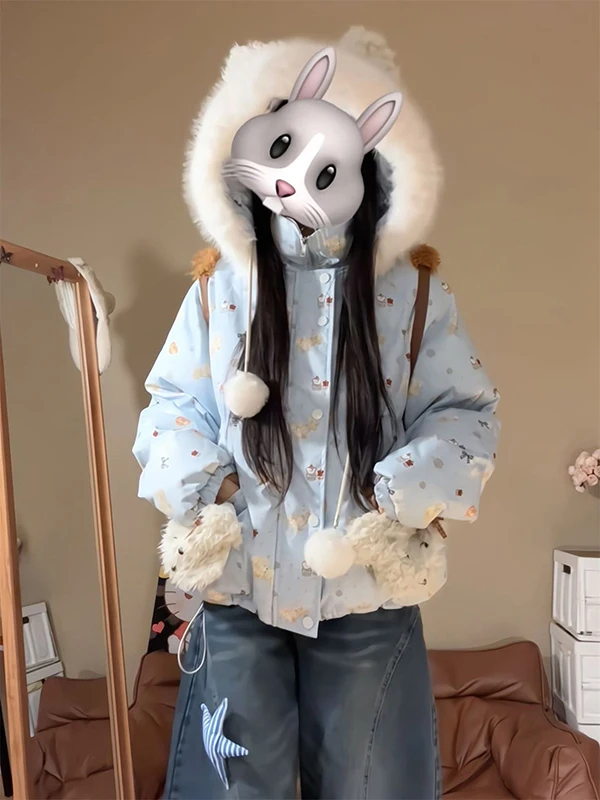 Thickened Hooded Cotton Jacket Women's Winter Coat Blue Print Cartoon Dog Pocket Fur Collar College Style Sweet Loose Fit
Thickened Hooded Cotton Jacket Women's Winter Coat Blue Print Cartoon Dog Pocket Fur Collar College Style Sweet Loose Fit