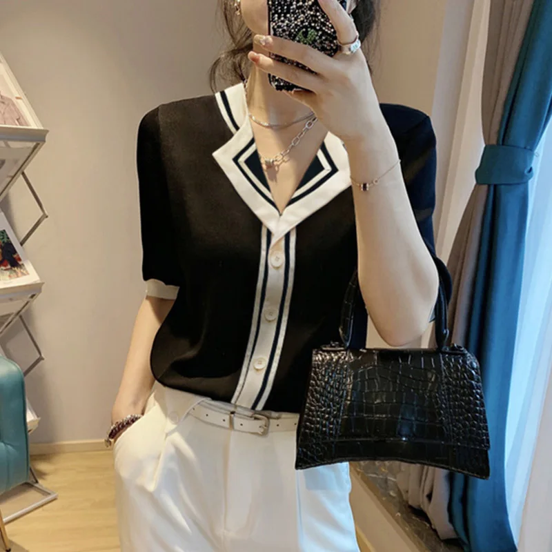 Fashionable Color Block Silk Knitted Shirt Short Sleeve Suit Collar Versatile Top Korean Style Commute Ice Silk Knit Cardigan
Fashionable Color Block Silk Knitted Shirt Short Sleeve Suit Collar Versatile Top Korean Style Commute Ice Silk Knit Cardigan