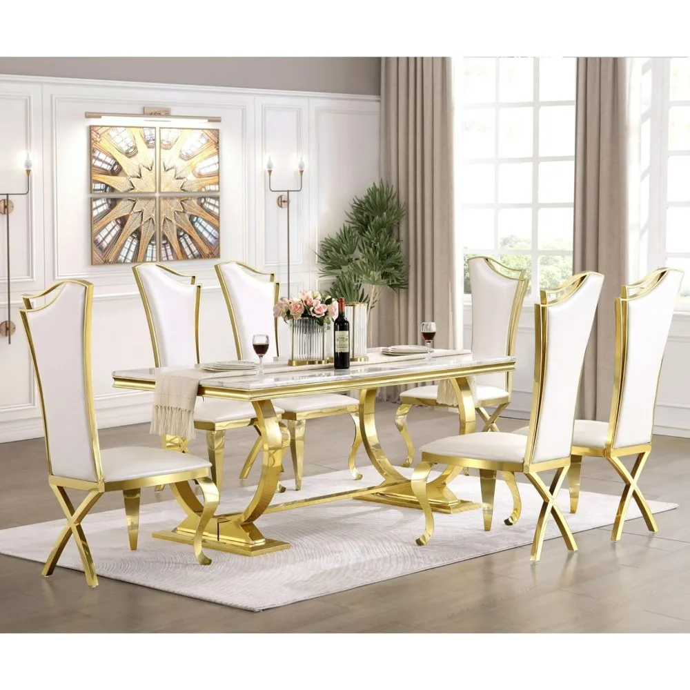 Luxury Dining Table Set, White and Gold Set, Dining Set with U-Base Dining Table and 6 Leather Upholstered Dining Chairs
Luxury Dining Table Set, White and Gold Set, Dining Set with U-Base Dining Table and 6 Leather Upholstered Dining Chairs
