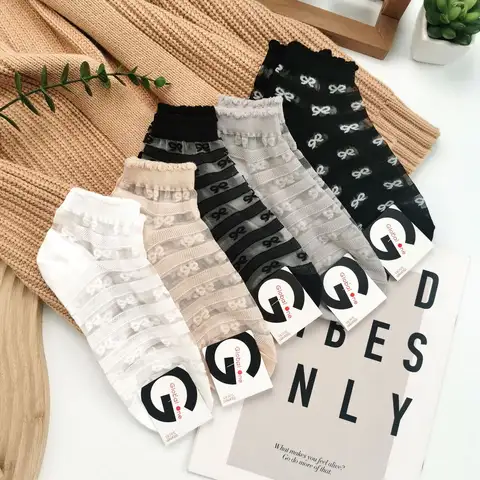 New Design Crystal Silk Ruffled Socks Women Girls Harajuku  Tube Sock Sweet bowknot Pattern Sox Lolita Lace Mesh Streetwears