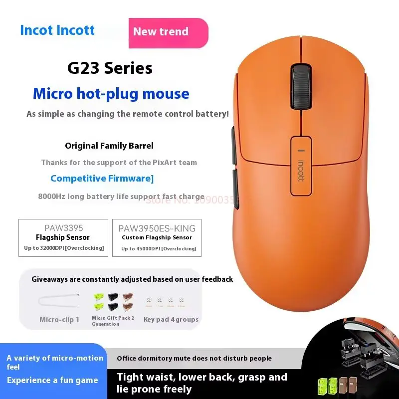 Incott G23 pro Dual Mode Wireless Mouse with 8K PAW3395 Sensor Ergonomic Gaming Mice for PC Gamers Customizable Hot Swap Options 
Incott G23 pro Dual Mode Wireless Mouse with 8K PAW3395 Sensor Ergonomic Gaming Mice for PC Gamers Customizable Hot Swap Options
