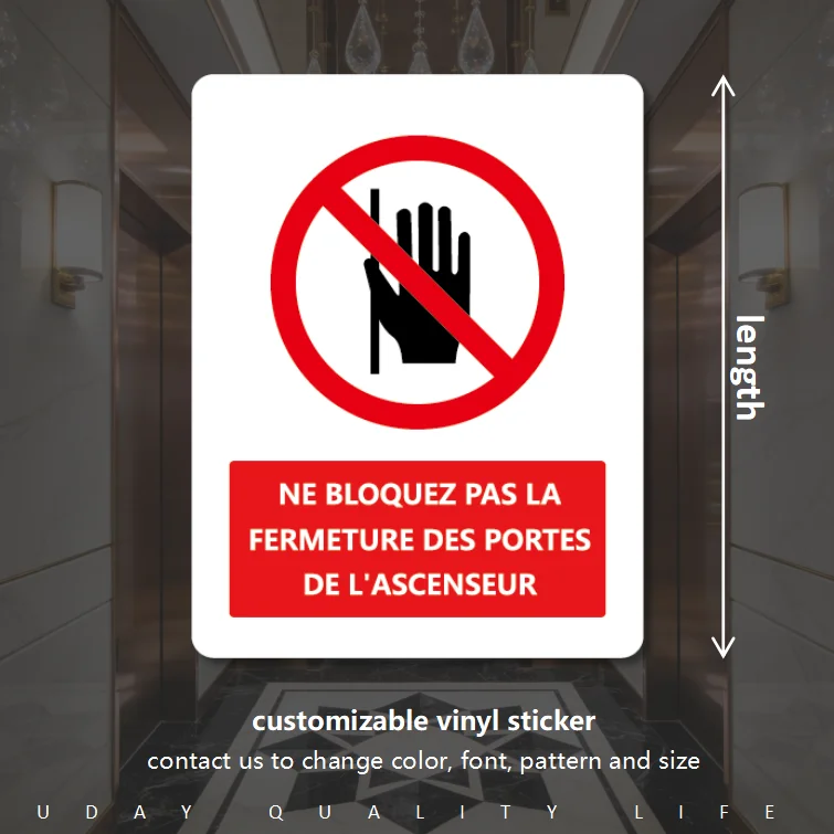 Ne bloquez pas la Fermeture desmayan de l'ascenseur Предупреждающая наклейка Английский Французский Настраиваемый Прочный клейкий винил
Ne bloquez pas la Fermeture desmayan de l'ascenseur Предупреждающая наклейка Английский Французский Настраиваемый Прочный клейкий винил