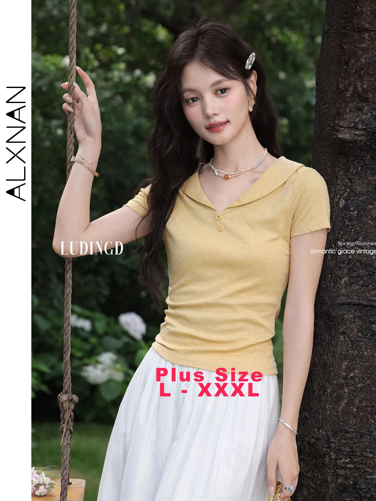 ALXNAN Plus Size T-shirt Yellow Doll Collar Slim-fit Casual T-shirts Elegant Cute Office Lady Short Sleeve Tops Female D11919
ALXNAN Plus Size T-shirt Yellow Doll Collar Slim-fit Casual T-shirts Elegant Cute Office Lady Short Sleeve Tops Female D11919
