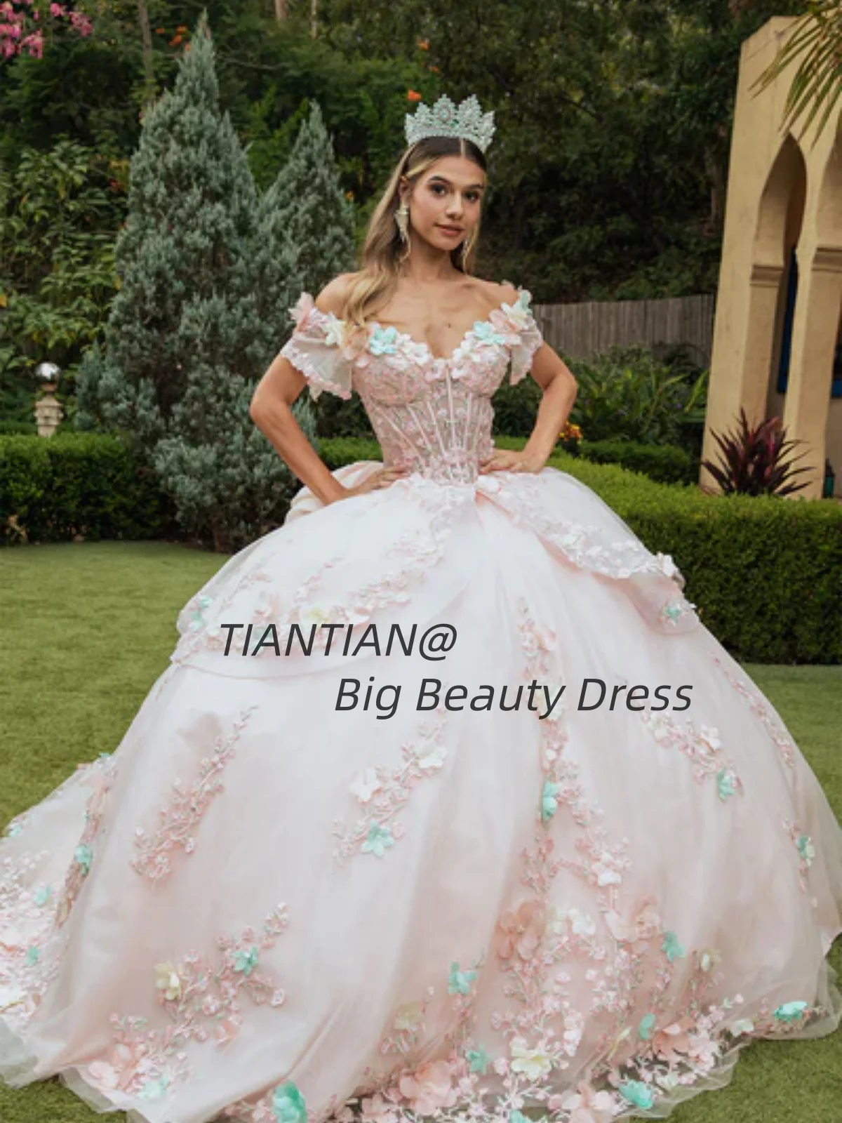 Elegant Applique Quinceanera Dresse V-neck 3D flower Bow long off shoulderTulle Ball Gown Customized vestidos de 15 quinceañera 
Elegant Applique Quinceanera Dresse V-neck 3D flower Bow long off shoulderTulle Ball Gown Customized vestidos de 15 quinceañera