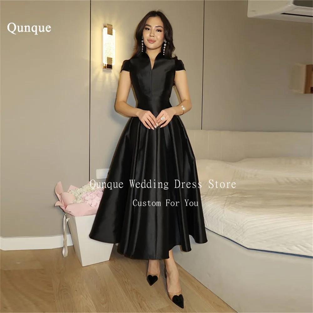 Qunque Stain Black Women's Formal Evening Gowns V Neck A Line Wedding Party Attire Ankle Length Elegant Prom Dress Customized
Qunque Stain Black Women's Formal Evening Gowns V Neck A Line Wedding Party Attire Ankle Length Elegant Prom Dress Customized