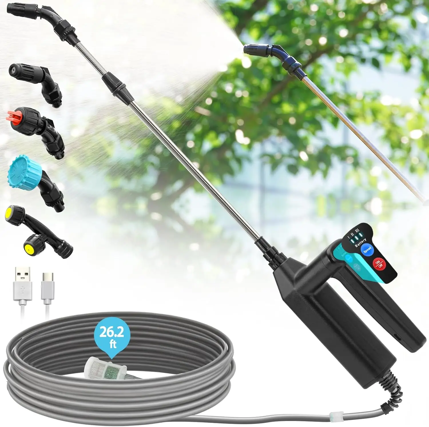 32 Inch Telescopic Garden Sprayer Wand with 3 Speeds, Battery Indicator, 26.2 FT Hose, Rechargeable & 4 Nozzles
32 Inch Telescopic Garden Sprayer Wand with 3 Speeds, Battery Indicator, 26.2 FT Hose, Rechargeable & 4 Nozzles