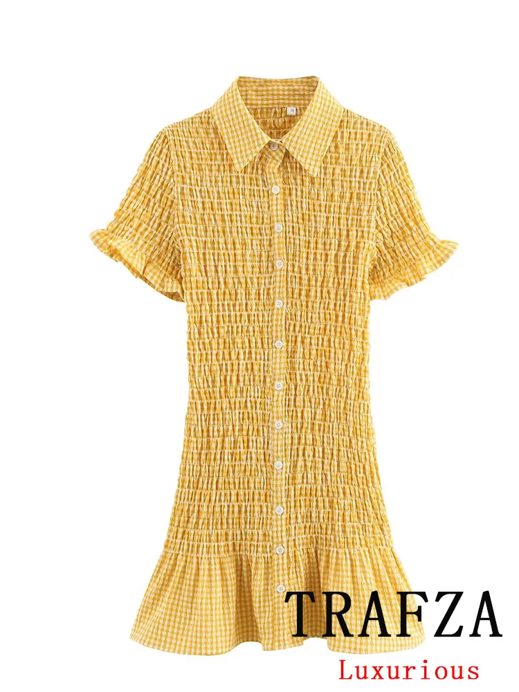 TRAFZA Sweet Chic Casual Women Dress Yellow Gingham Turn-down Collar Folds Short Vestidos New Fashion 2025 Spring Summer Dress
TRAFZA Sweet Chic Casual Women Dress Yellow Gingham Turn-down Collar Folds Short Vestidos New Fashion 2025 Spring Summer Dress