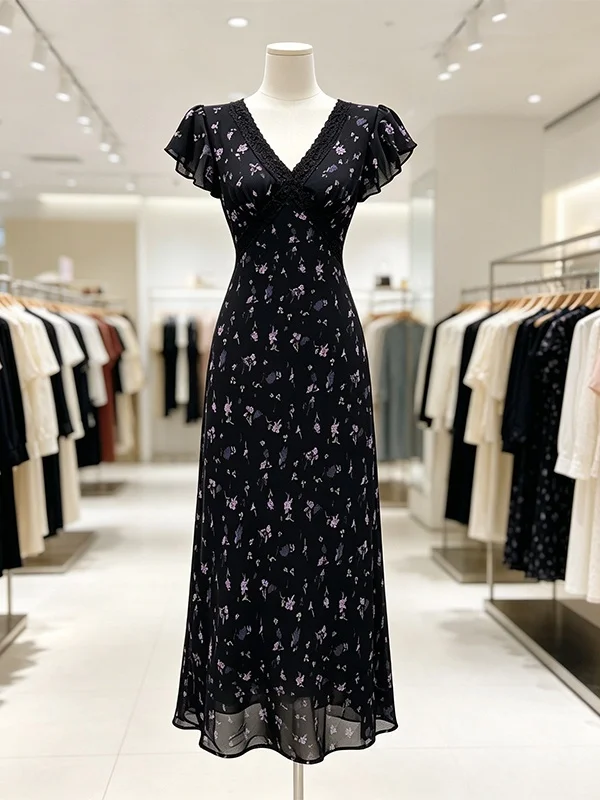 Black Lace Floral Print Halter Dress Summer Waist Cinching Holiday Long Skirt Gentle Style A-Line Silhouette Short Sleeve V-Neck
Black Lace Floral Print Halter Dress Summer Waist Cinching Holiday Long Skirt Gentle Style A-Line Silhouette Short Sleeve V-Neck