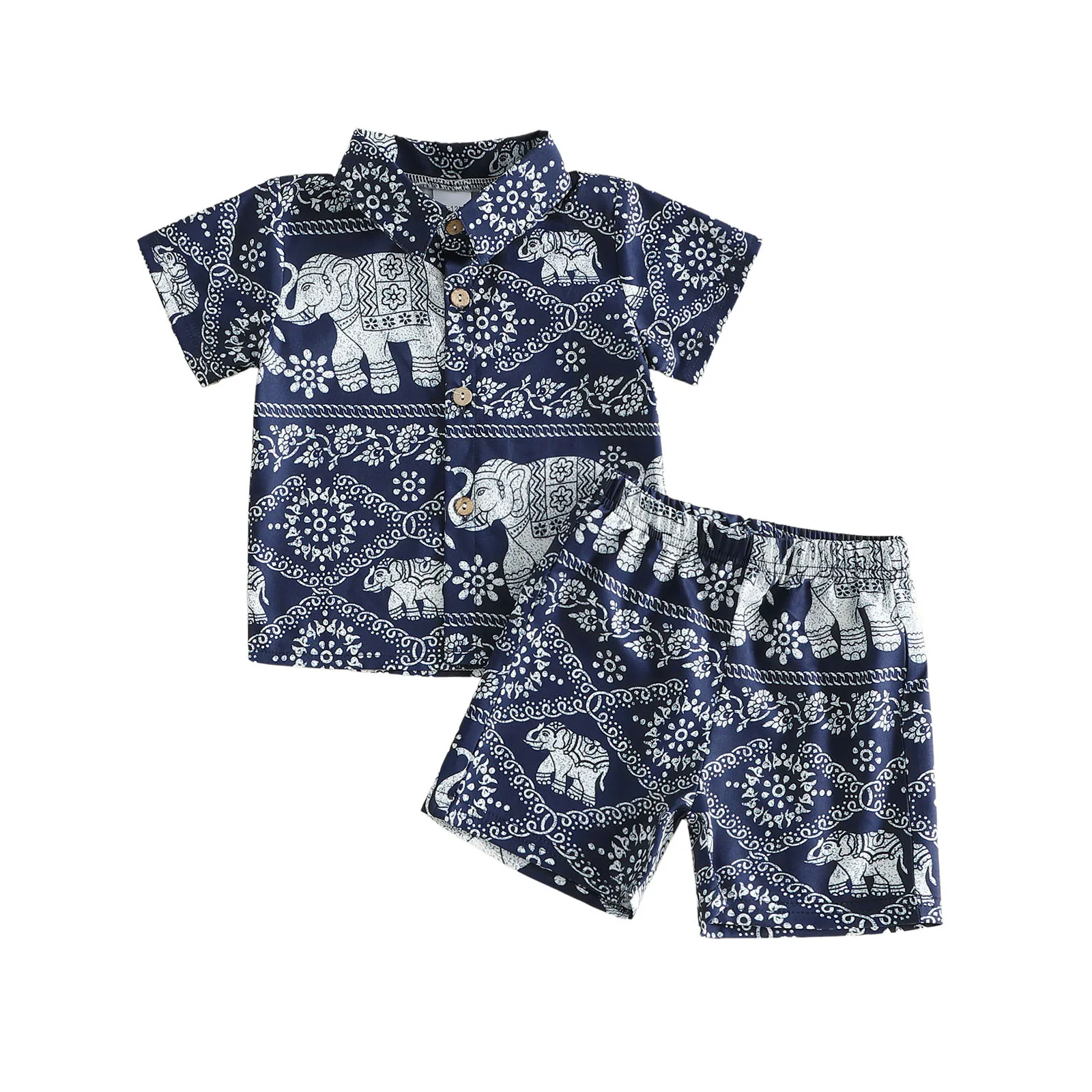 2Pcs Toddler Boy Summer Outfits Short Sleeve Lapel Neck Ethnic Elephant Floral Print Shirts and Matching Shorts Set
2Pcs Toddler Boy Summer Outfits Short Sleeve Lapel Neck Ethnic Elephant Floral Print Shirts and Matching Shorts Set