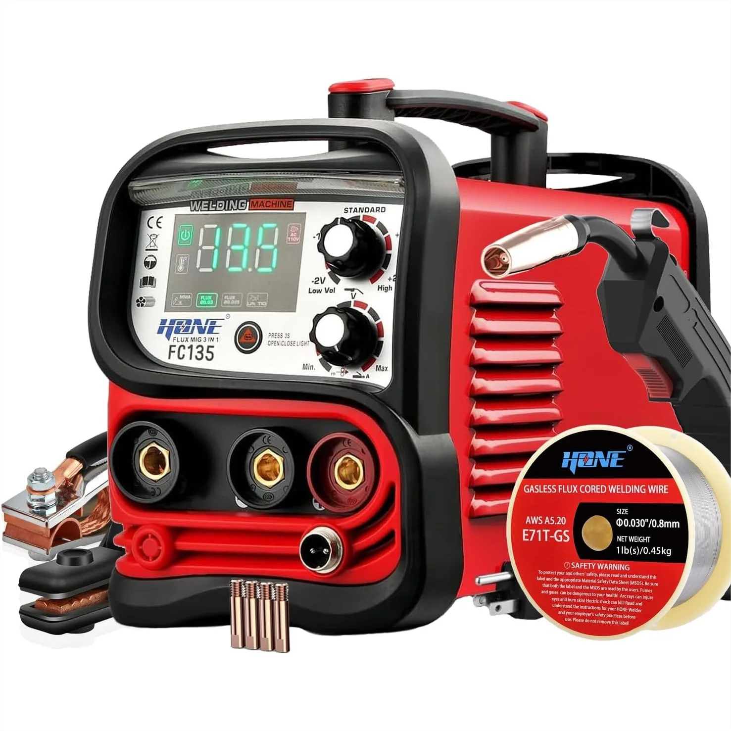 MIG Welder Machine 110V, 135A Flux Core 3 in 1 Portable Welder with Large LED Display, MIG/Stick/Lift TIG, Gasless Wire Welder
MIG Welder Machine 110V, 135A Flux Core 3 in 1 Portable Welder with Large LED Display, MIG/Stick/Lift TIG, Gasless Wire Welder
