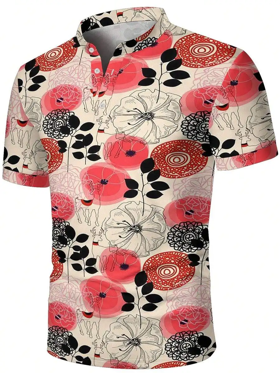 Mens Stand Collar Shirt With Red Black Vintage Floral Print Casual Summer Top
Mens Stand Collar Shirt With Red Black Vintage Floral Print Casual Summer Top