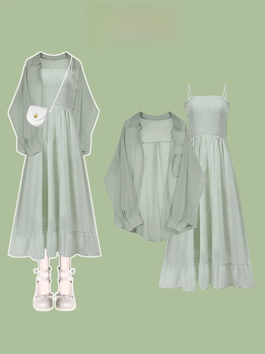Summer New Women's Long Sleeve Thin Sun Protection Shirt And Skirt Set Light Green Strap Dress Fashionable Two-Piece Outfit
Summer New Women's Long Sleeve Thin Sun Protection Shirt And Skirt Set Light Green Strap Dress Fashionable Two-Piece Outfit