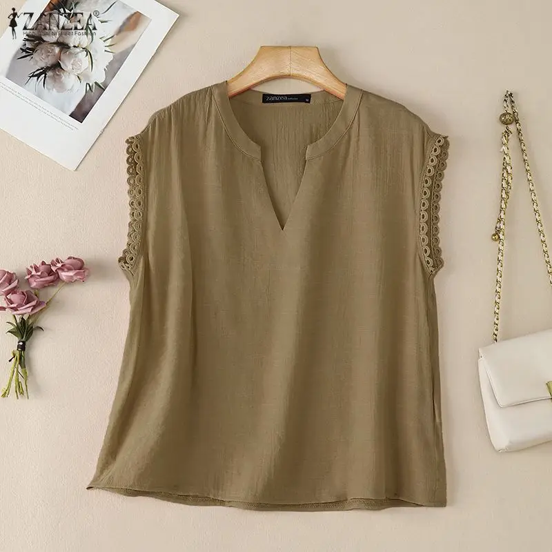Women's Summer Daily Casual Breathable Blouses V-Neck Lace-Trim Short Grown-On Sleeve Tops ZANZEA Solid Color Blusas de Mujer
Women's Summer Daily Casual Breathable Blouses V-Neck Lace-Trim Short Grown-On Sleeve Tops ZANZEA Solid Color Blusas de Mujer