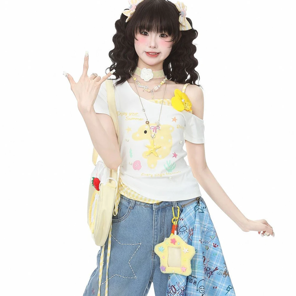 Japanese Cute Lolita Style T-Shirt Women's Sweet Cartoon Printed Fake Two Piece Slim Top Summer Girls Kawaii Off Shouldert-Shirt
Japanese Cute Lolita Style T-Shirt Women's Sweet Cartoon Printed Fake Two Piece Slim Top Summer Girls Kawaii Off Shouldert-Shirt