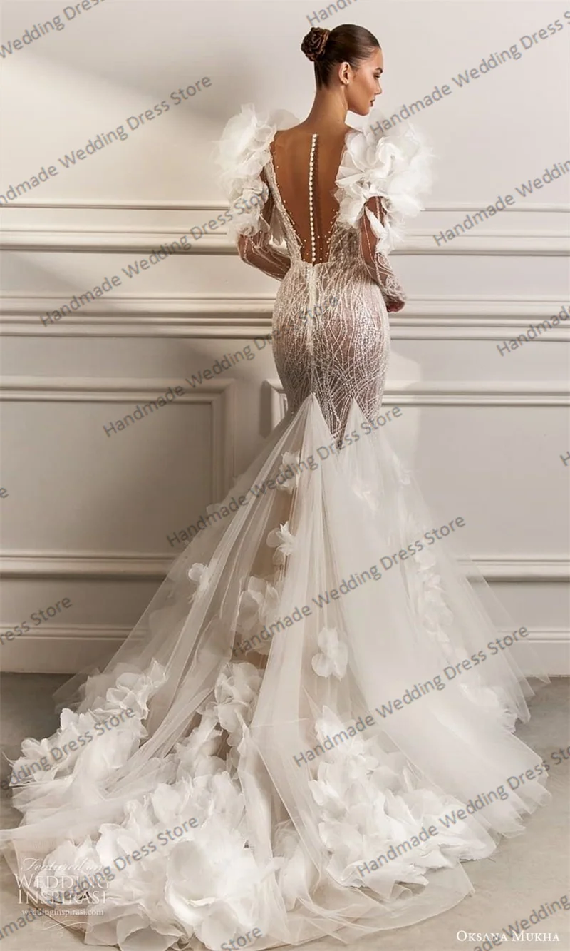 Luxury Floral Crystals Wedding Dress Sexy V Neck Full Sleeves Mermaid Bridal Evening Gown Customized Beach Garden Long Robe
Luxury Floral Crystals Wedding Dress Sexy V Neck Full Sleeves Mermaid Bridal Evening Gown Customized Beach Garden Long Robe