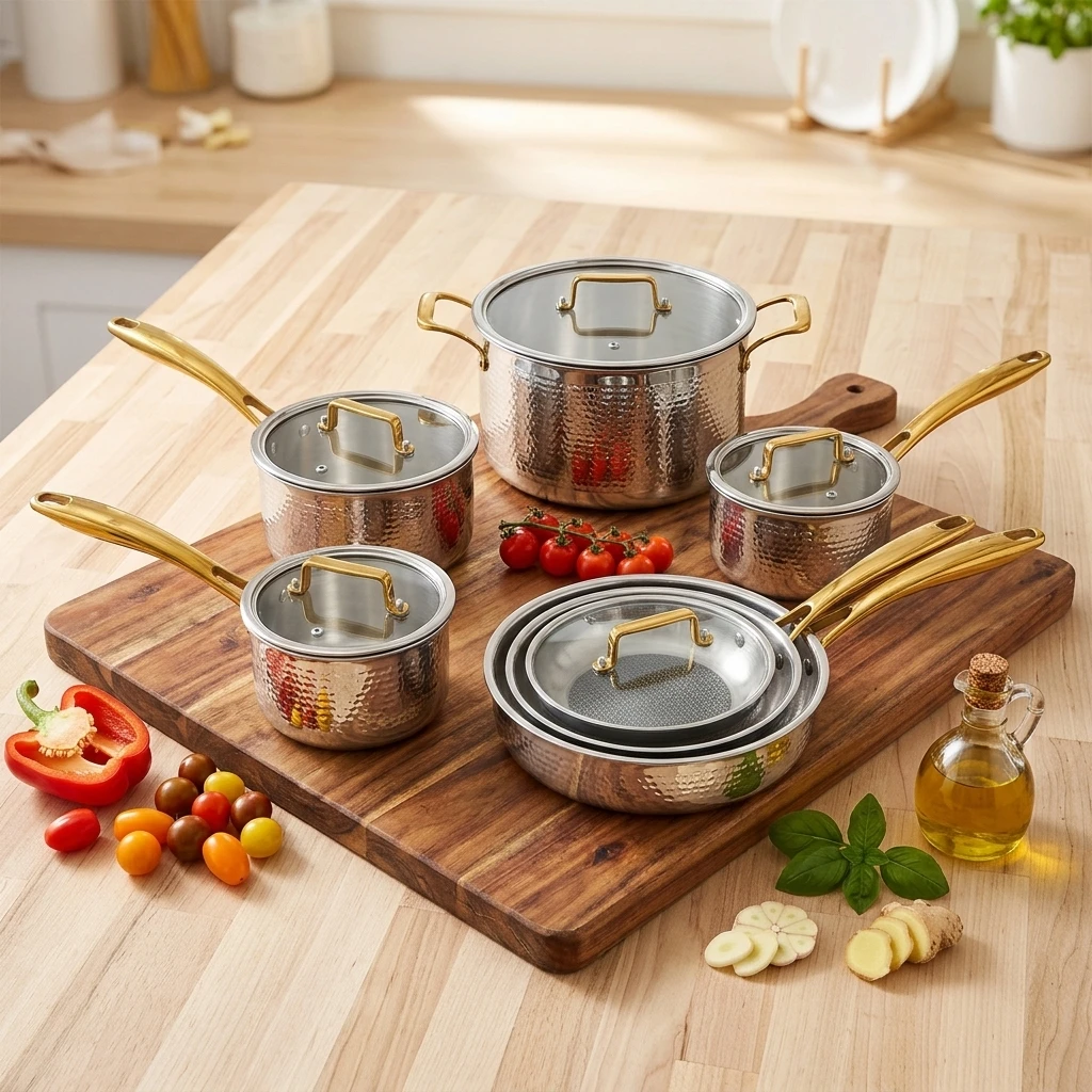 Stainless Steel 304 10-Piece Hammer Pattern Non-stick Uncoated Cookware Set Gold Handle Glass Lid-Practical Gift
Stainless Steel 304 10-Piece Hammer Pattern Non-stick Uncoated Cookware Set Gold Handle Glass Lid-Practical Gift