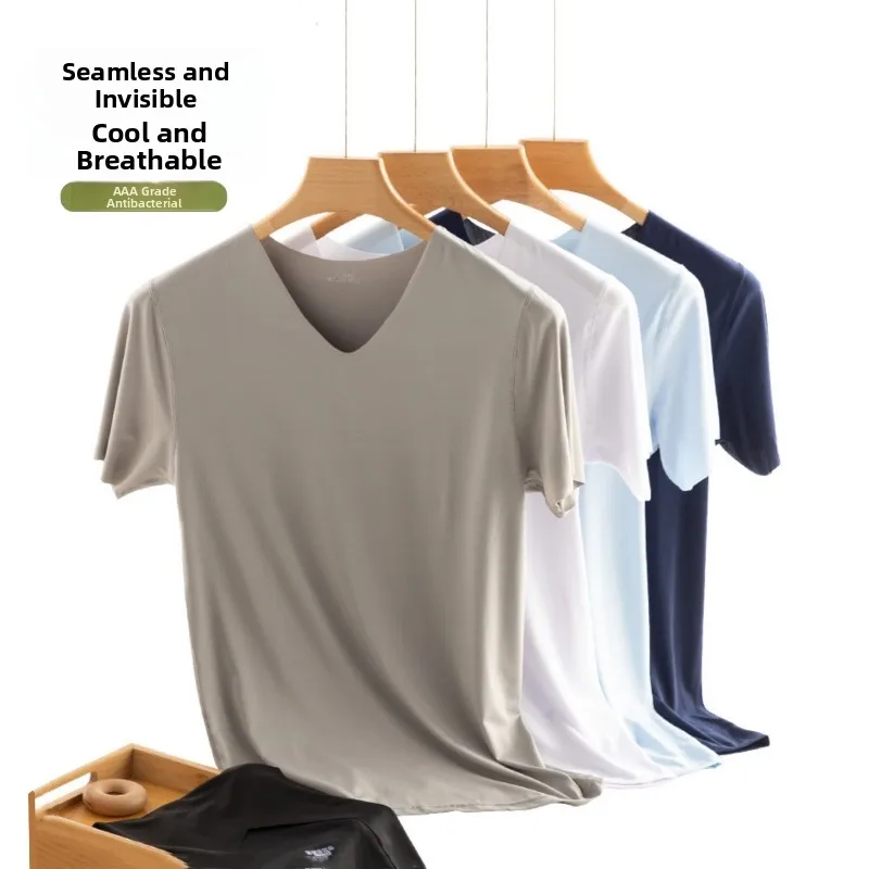 Men's Ice Silk V-Neck Seamless T-Shirt Short Sleeve Thin Body Home Top Underwear Breathable Cool Summer Basic Shirt
Men's Ice Silk V-Neck Seamless T-Shirt Short Sleeve Thin Body Home Top Underwear Breathable Cool Summer Basic Shirt