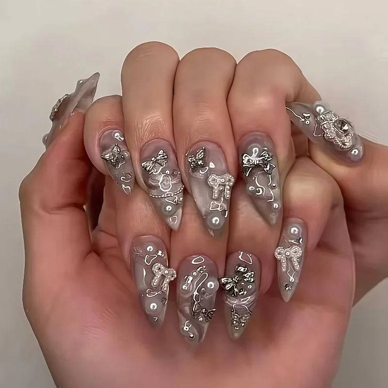 24PCS Gray Smudging French False Nails Sweet Metallic 3D Bowknot Butterfly Designs Almond Fake Nails Luxury Pearl Nails Press On
24PCS Gray Smudging French False Nails Sweet Metallic 3D Bowknot Butterfly Designs Almond Fake Nails Luxury Pearl Nails Press On